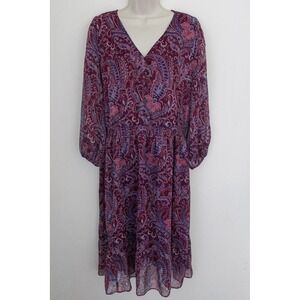 Talbots Dress Size 16 Burgundy Red Paisley Smocked Waist Long Sleeve Midi Tiered